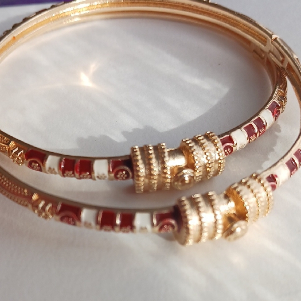 Gold-Tone Bangle Bracelet Pair with Red and White Enamel Accents
